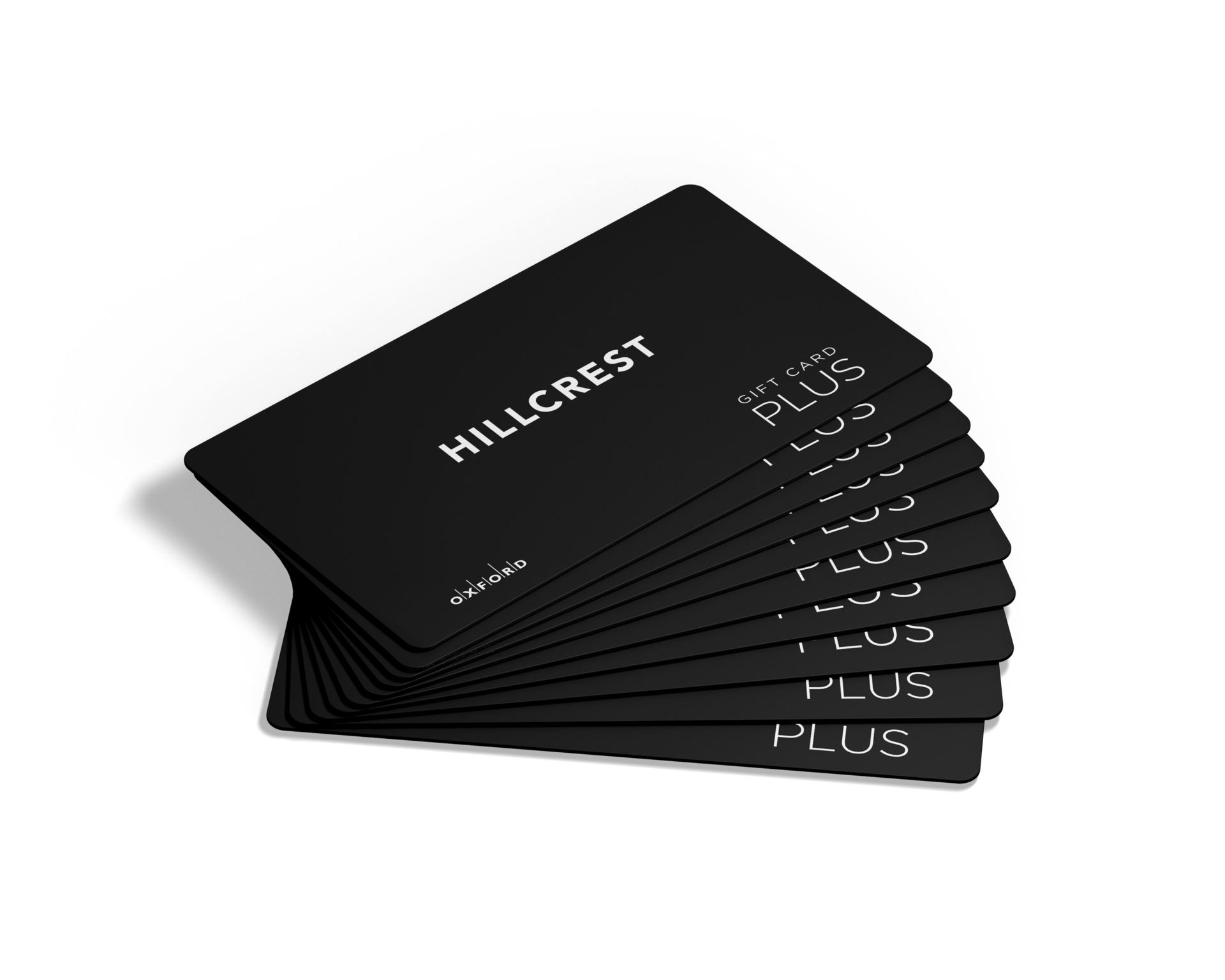 Fan of black Hillcrest Gift Card Plus cards on a white background