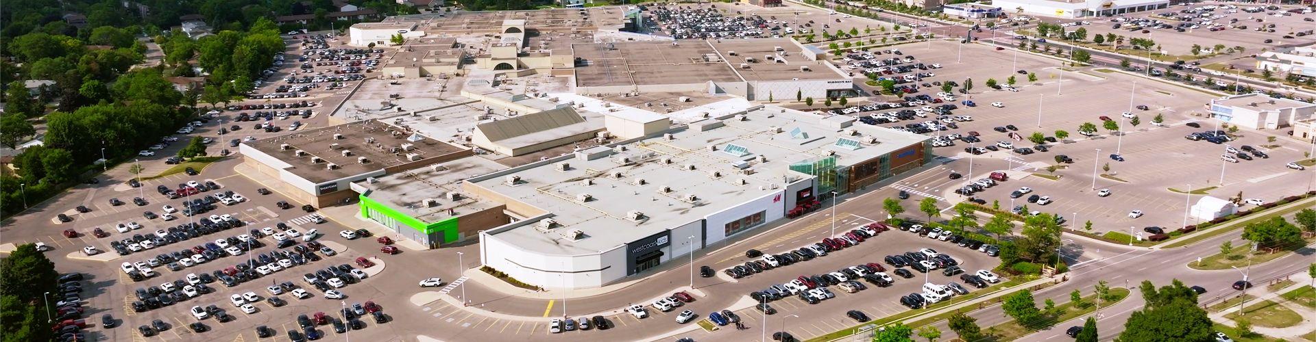 Aerial view of Hillcrest mall and its parking lots in summer
