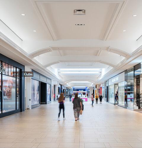 Shoppers walking through a bright mall concourse past Aritzia and Browns stores
