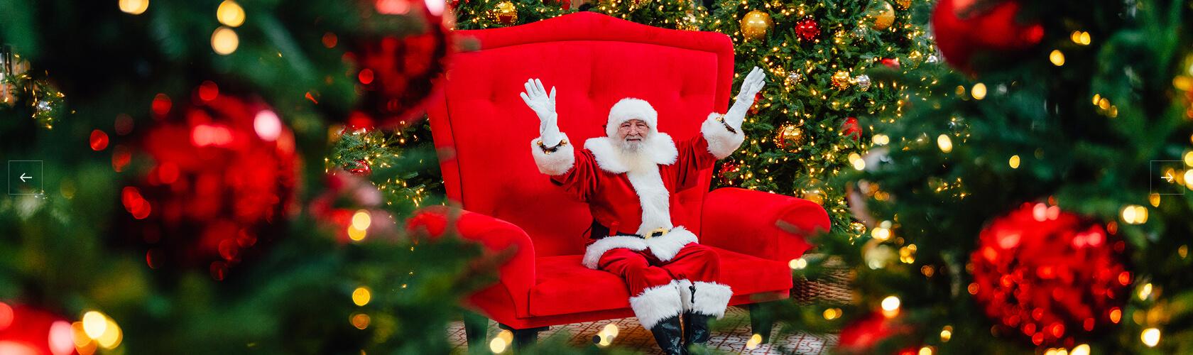Santa Claus waving from a red armchair among lit Christmas trees