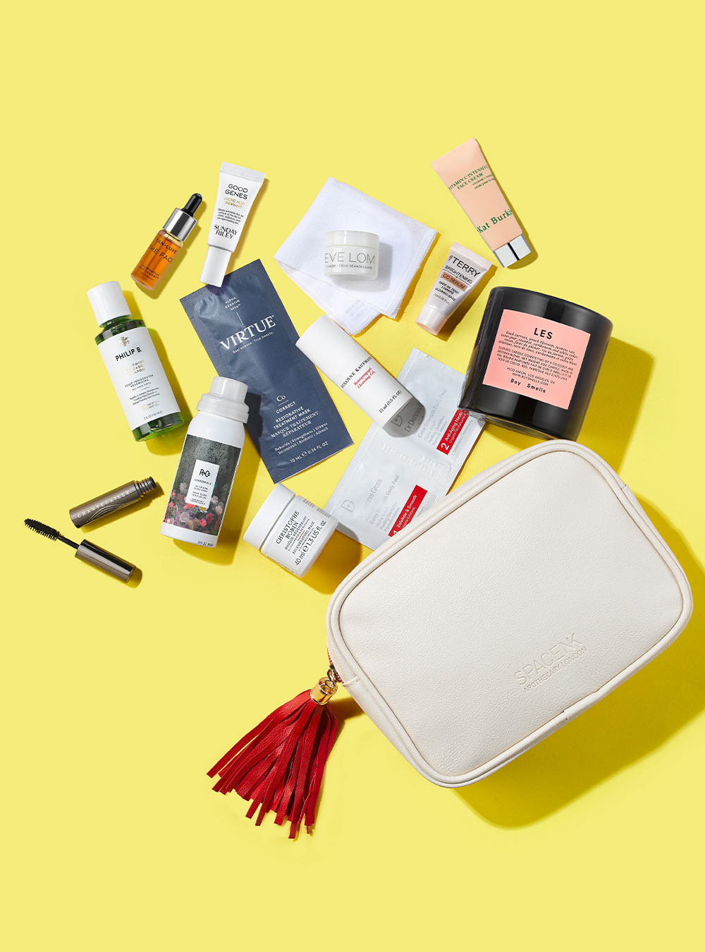 Multiple beauty products from Hudson's Bay are displayed on a light yellow background.