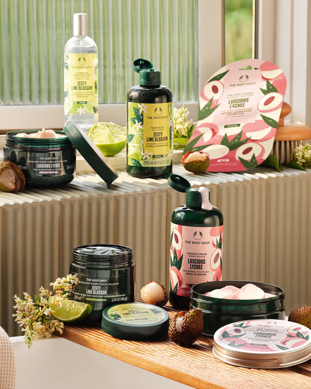 Zesty Lime Blossom and Luscious Lychee products from The Body Shop are displayed.