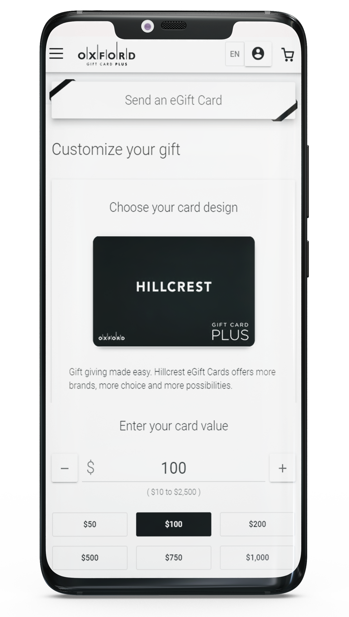 Screenshot of a HIllcrest gift card on a phone
