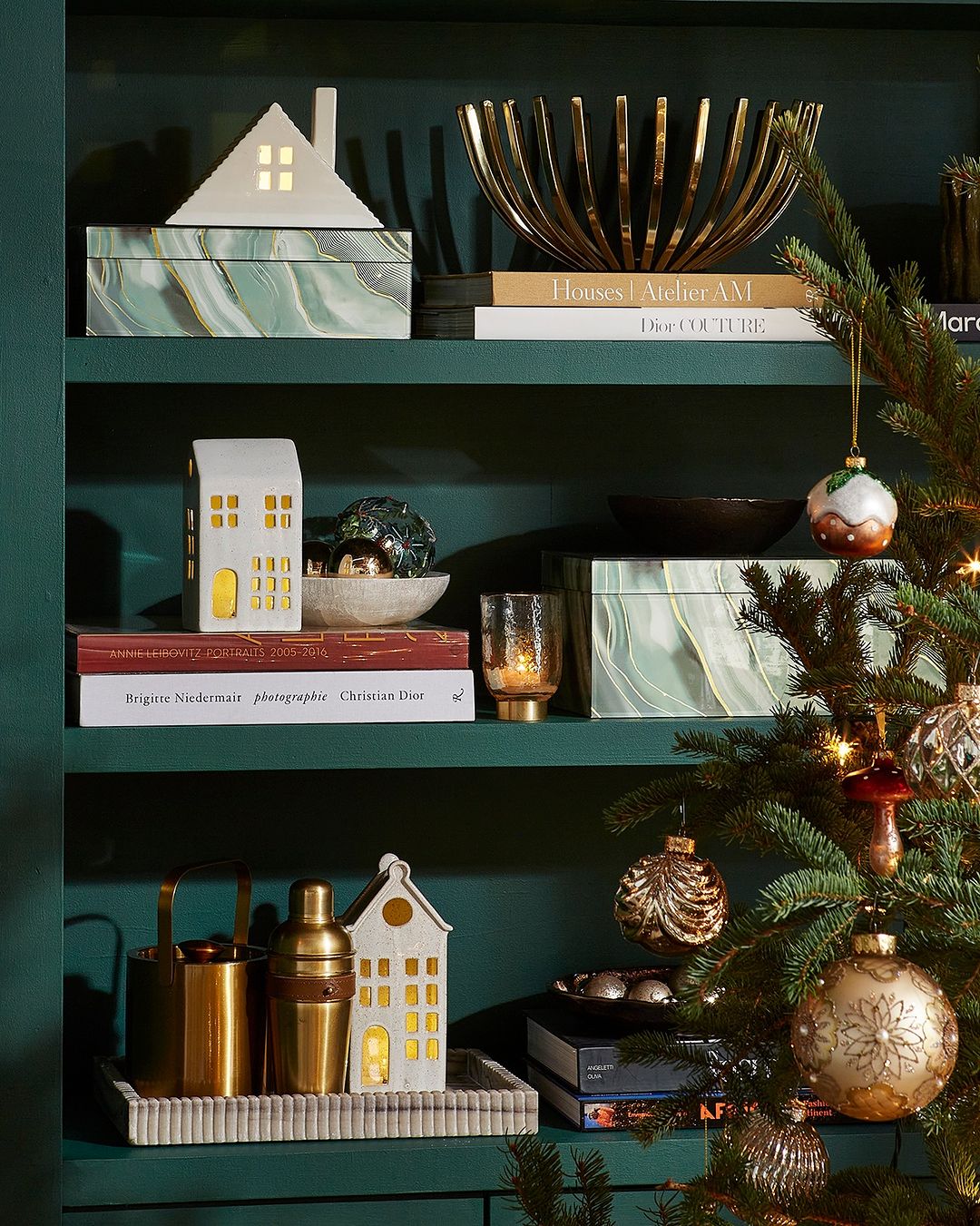 Shelves filled with holiday decor.