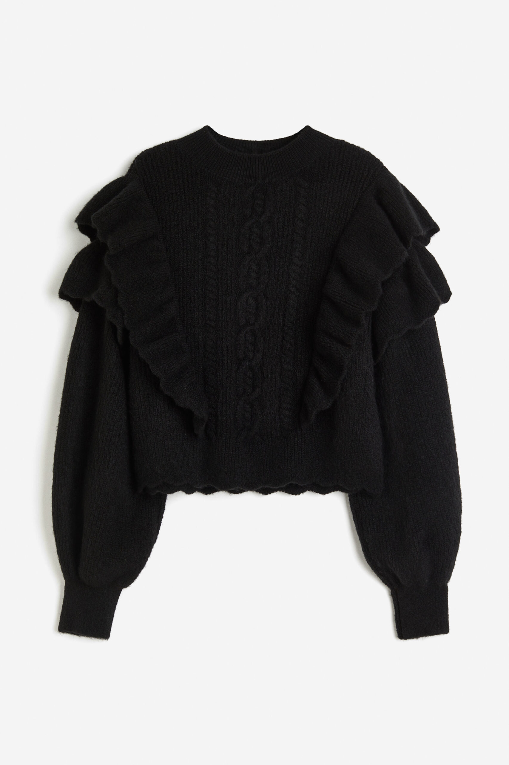 Black knit sweater with ruffles on sleeves.