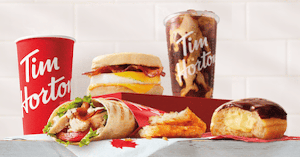 Variety of sandwiches, donuts, and coffees from Tim Hortons