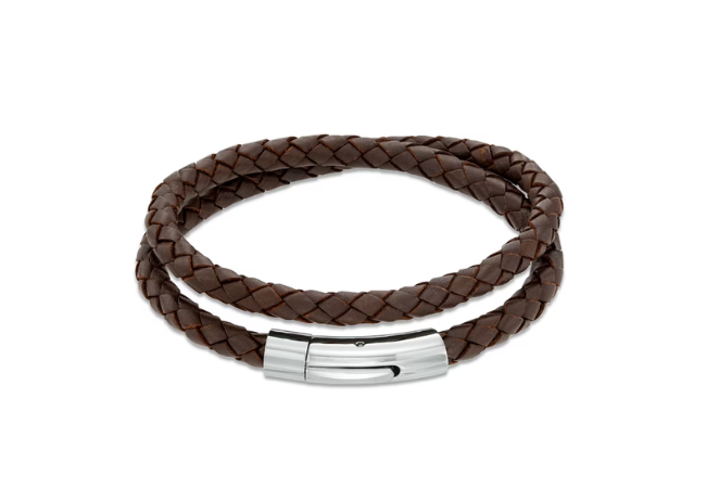 Peoples Jewellers Men's Leather and Stainless Steel Double Wrap Bracelet