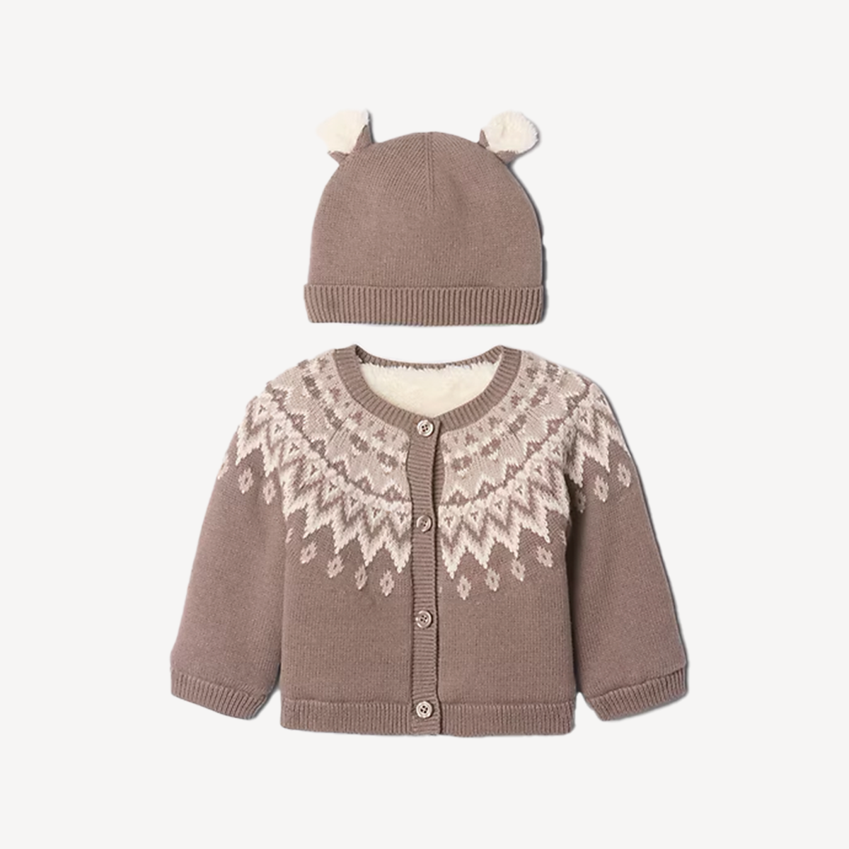 Brown knit cardigan and brown hat with ears